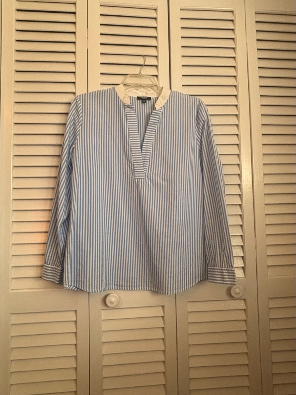 Premise Blue and White Striped Collarless Popover Blouse